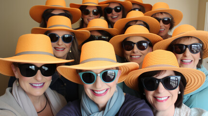 Joyful Ladies in Orange Hats Celebrating Together, Radiant Group Selfie