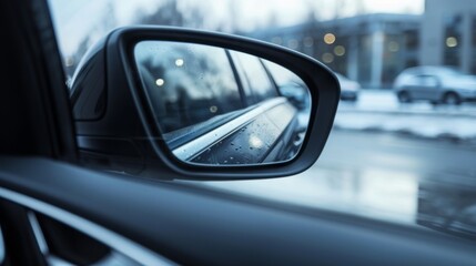 Rear view mirror in a car. Monitoring the road through the car's rear-view mirror.