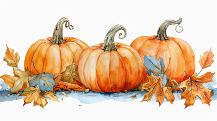 Watercolor illustration with pumpkins and autumn leaves, harvest time