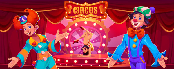 Circus performers on arena background. Vector cartoon illustration of female gymnast in sparkling acrobat costume, funny clowns in color costumes, round concert stage decorated with red curtains - obrazy, fototapety, plakaty