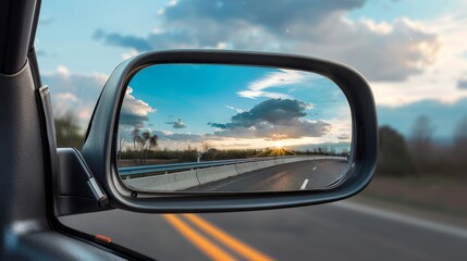 Rear view mirror in a car. Monitoring the road through the car's rear-view mirror.