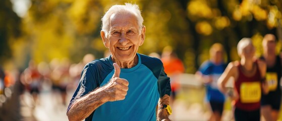 An elderly man giving a thumbs up after finishing a race.