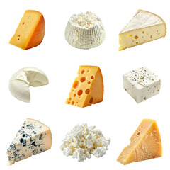 Set of various types of cheese on transparent background. Food and dairy ingredients concept. Product shot for set, collection, menu, elements for design