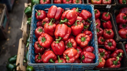 Vivid red bell peppers stacked at a market stall
