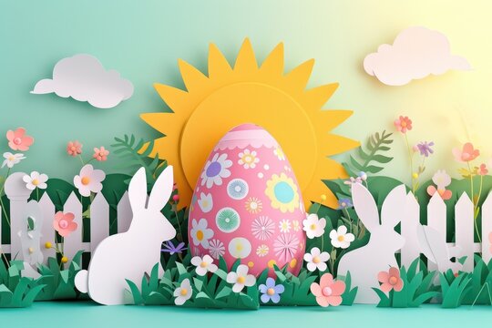 A natureinspired Easter scene featuring a bunny, Easter egg, sun, and flowers. Using cake decorating supplies, grass, and petals, create an artful painting of this festive event AIG42E