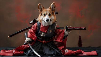 Corgi dog puppy dressed as a samurai warrior or swordsman in battle pose with katana swords, wearing traditional Japanese kimono, Funny pet animal in costume joke message card banner concept.