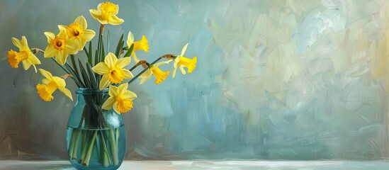 a bouquet of yellow daffodils in a vase painted with oil paints -