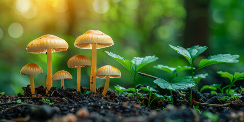 Enchanted Forest Mushrooms in Sunlit Clearing - obrazy, fototapety, plakaty