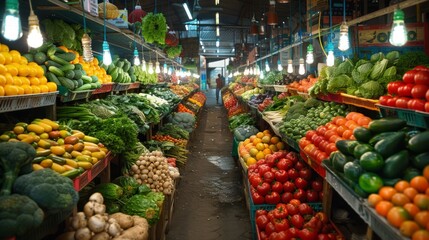 Indoor market aisle lined with assorted vegetables