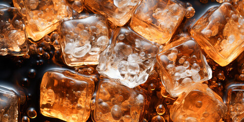 Golden Ice Cubes in Effervescent Liquid Close-Up