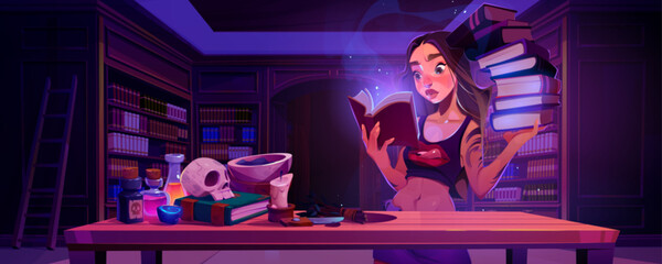 Girl open book in magic school library background. Fantasy interior with bookcase and wizard character reading and study spell. Mystic fairytale legend and woman enchanted with literature at night - obrazy, fototapety, plakaty