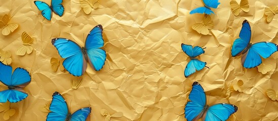 abstract pastel background. Blue morpho butterflies on a gold background. golden rumpled paper. blue and gold