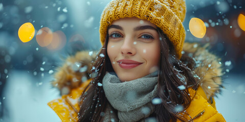 Smiling Young Woman in Yellow Knit Hat Enjoying Snowfall