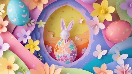 An artistic Easter scene with a paper cut bunny surrounded by eggs, flowers, and green grass, creating a happy and vibrant natural environment AIG42E
