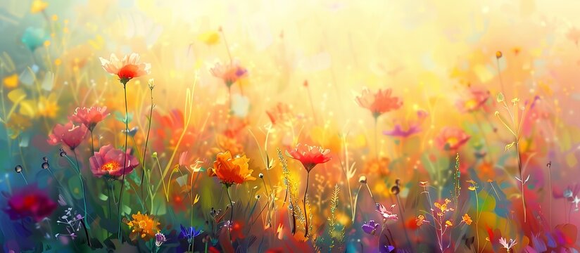abstract blurred floral background. field of colorful wildflowers at sunrise painted with oil paints. colors of rainbow