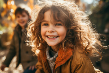 Joyful Child Laughing in Autumn Park with Sun Flare