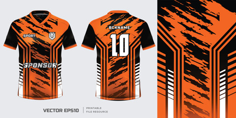 Jersey mockup template t shirt design. Orange curve geometry design for jersey soccer football kit. Front and back view. Vector eps file