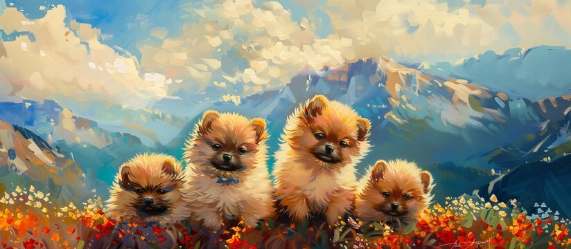 beautiful cute Pomeranian puppies against a background of mountains painted with oil paints. 