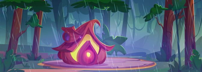 Rain in magic forest and house game cartoon design. Rainy weather in spring and green plant nature landscape. Jungle environment with fantasy pumpkin elf home. Outdoor tropic fairytale adventure - obrazy, fototapety, plakaty