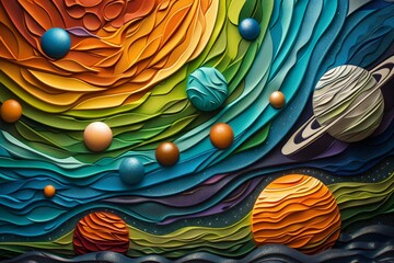 Celestial bodies depicted in pastel with 3D embossed mosaic dots a vibrant dance of planets and stars on a cosmic scale