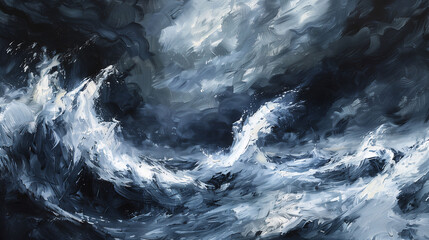Digital Oil Painting of a Turbulent Sea and Stormy Sky with Dynamic Brushstrokes - obrazy, fototapety, plakaty