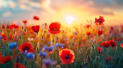 beautiful wild flowers against the background of sunrise. flowering field 