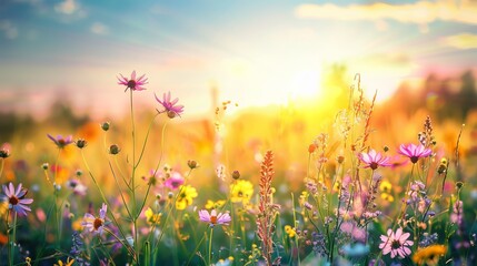 beautiful wild flowers against the background of sunrise. flowering field 