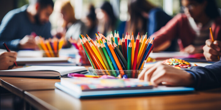 Multicolored Pencils on Classroom Table, Students Studying in Background