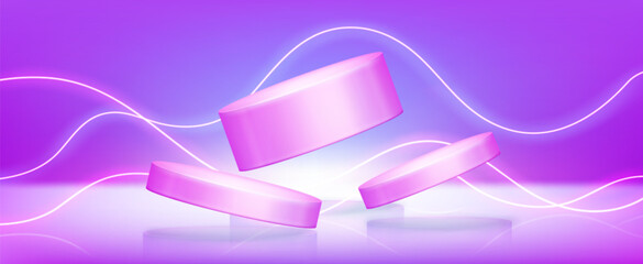 3d flying product podium. Pink floating stage. Abstract background to display beauty object and cosmetic on cylinder platform. Futuristic neon light banner with soft gradient. Bright wave on wall