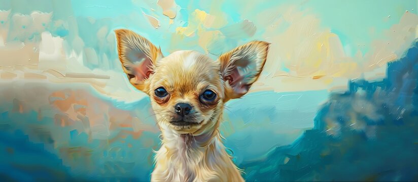bright beautiful cute Chihuahua puppies against a background of mountains painted with oil paints.