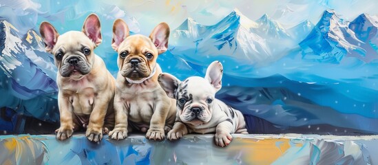 bright beautiful cute French Bulldog puppies against a background of mountains painted with oil paints - obrazy, fototapety, plakaty