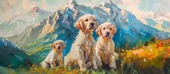 bright beautiful cute Golden Retriever puppies against a background of mountains painted with oil paints