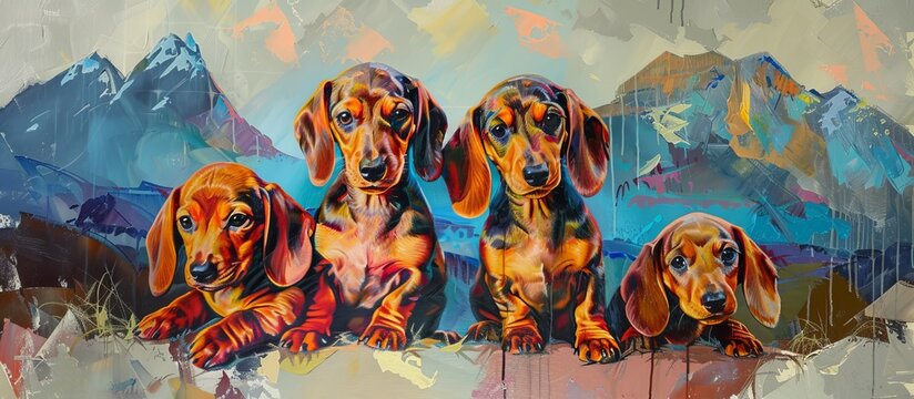 bright beautiful cute Dachshund puppies against a background of mountains painted with oil paints.