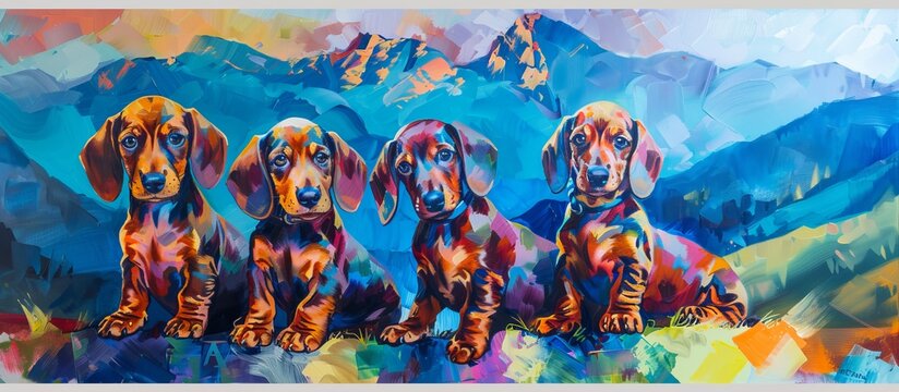 bright beautiful cute Dachshund puppies against a background of mountains painted with oil paints.