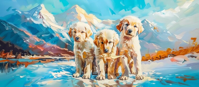 bright beautiful cute Golden Retriever puppies against a background of mountains painted with oil paints