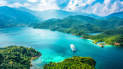 A cruise ship is anchored in the middle of a large body of water, surrounded by the natural beauty of a tropical bay - obrazy, fototapety, plakaty