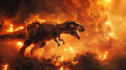 A large prehistoric dinosaur standing in front of a blazing fire, showcasing its immense size and...