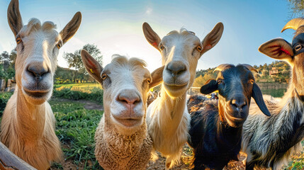 A group of goats stands atop a grass-covered field, peacefully grazing and enjoying the fresh outdoors
