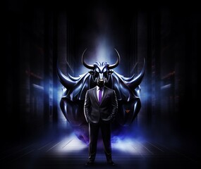 A bull standing tall in a full-length business suit against a dark, mysterious backdrop, embodying a blend of authority and elegance, Futuristic