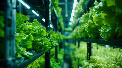 Rows of Lettuce Growing in a Greenhouse - obrazy, fototapety, plakaty