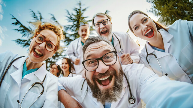 A group of funny and cheerful doctors standing in a circle, sharing laughter and joy in their professional camaraderie