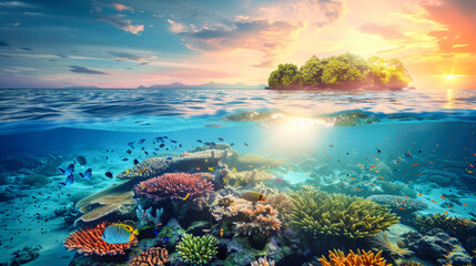 Fototapeta na wymiar A vibrant painting capturing the beauty of a sunset over a tropical coral reef, displaying colorful fish and intricate coral formations