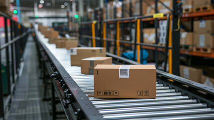 A conveyor belt system moving boxes through a warehouse filled with packages,