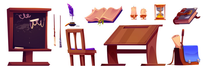 Naklejka premium Magic school room interior furniture and equipment for wizard and witch study. Cartoon vector medieval classroom objects - desk and chair, chalkboard and books, ink with feather, wands and briefcase.