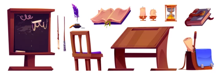 Gordijnen Magic school room interior furniture and equipment for wizard and witch study. Cartoon vector medieval classroom objects - desk and chair, chalkboard and books, ink with feather, wands and briefcase. © klyaksun