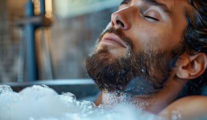 Man enjoying bubble bath in bathtub