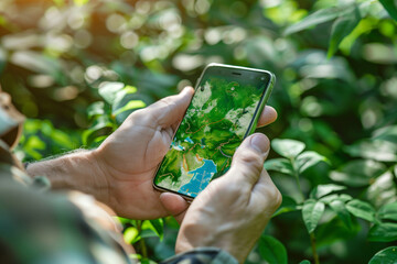 Hand using application on smartphone. Smart farming agriculture concept.