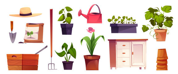 Greenhouse garden interior furniture and equipment. Cartoon vector illustration set of home and farm plants, cultivated seedlings in plastic pots, chest and wooden box, sack with grains and water can. - obrazy, fototapety, plakaty
