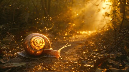Minimalist scene a snails slow path illuminated by a shaft of light in the humid woods - obrazy, fototapety, plakaty