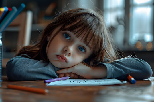 A sad kid drawing sadness thing on a piece of paper. A sad girl doing her homework. on medium shot.
sad girl, alone girl, drawing, painting, lonely, blue, sad mood, kids.